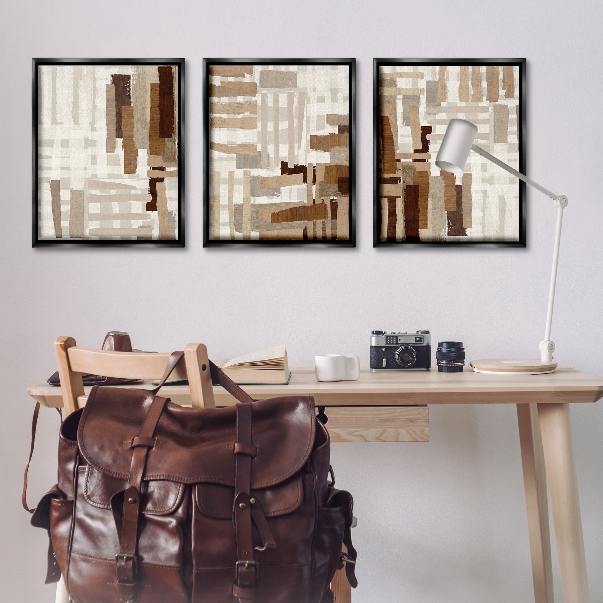 Stupell Industries Natural Hatched Patterns Abstract Painting Black Floater Framed Canvas Art Print Wall Art, 25 x 31, Set of 3