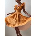thumbnail image 3 of Orange Red Striped Ruffle Square Neck Womens Dress, Elegant Vacation Party, 3 of 4