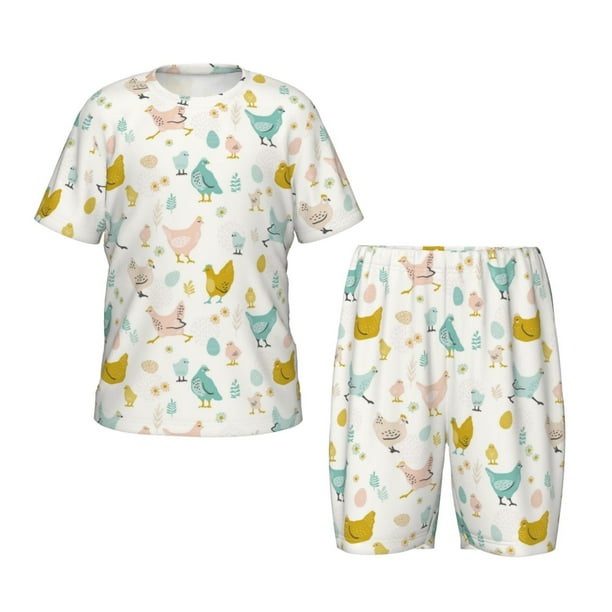 Balery Chicken Conjunto de Pijama Infantil de Manga Corta con Estampado – Ropa de Dormir de Algodón Suave-Large