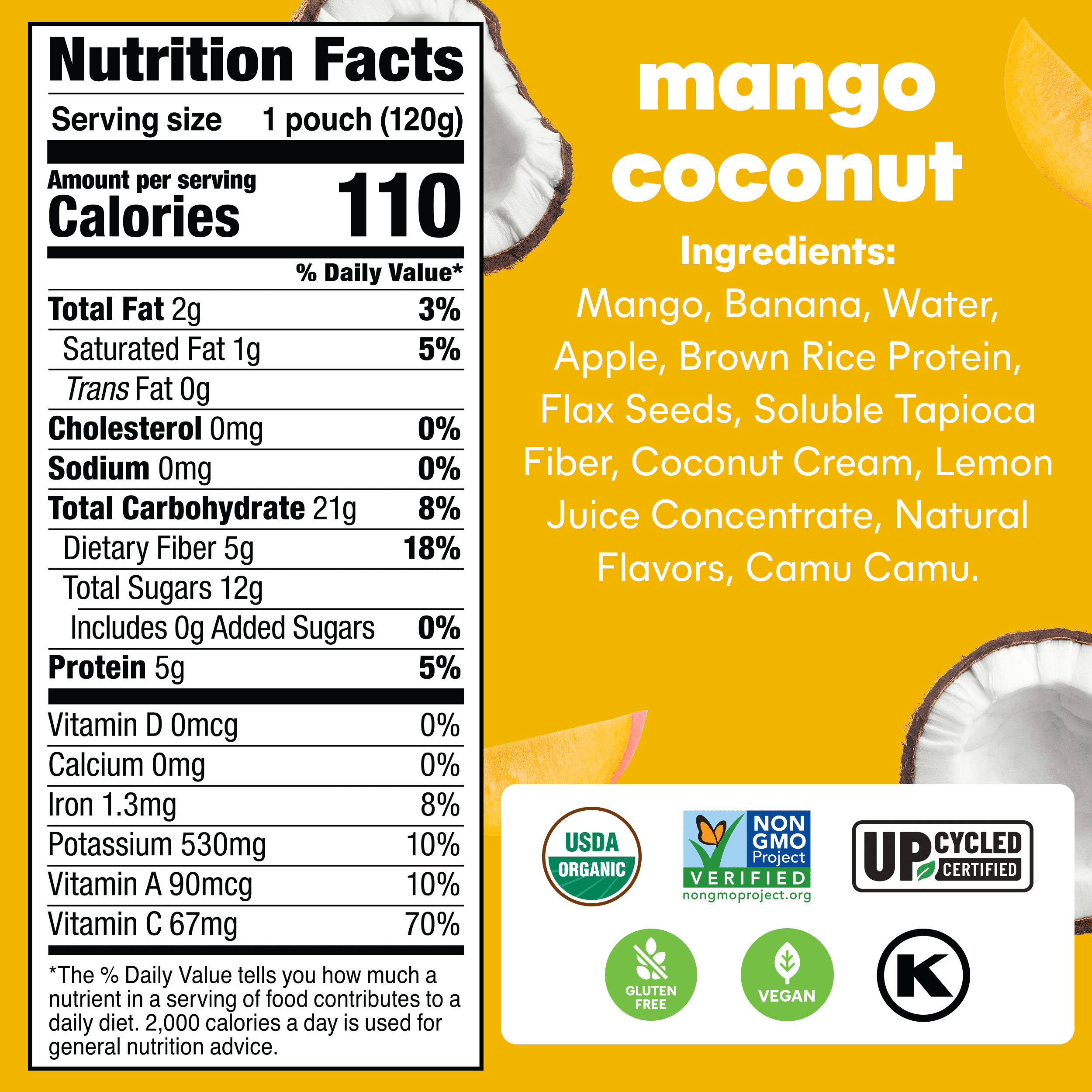 Noka Organic Mango Coconut Superfood Smoothie Pouches with Plant Protein, 4.22oz, 4-Pack