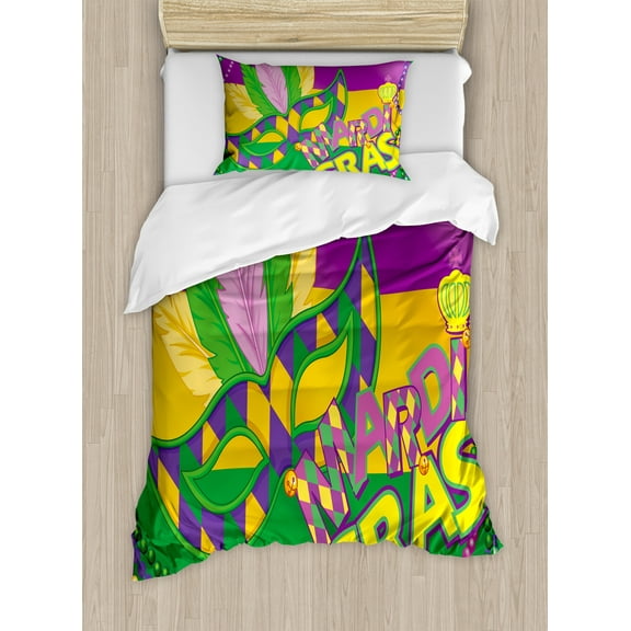 Mardi Gras Duvet Cover Set, Colorful Bands Vivid Beads Feathers and Crown, Decorative 2 Piece Bedding Set with 1 Pillow Shams, Twin Size, Lime Green Magenta, by Ambesonne