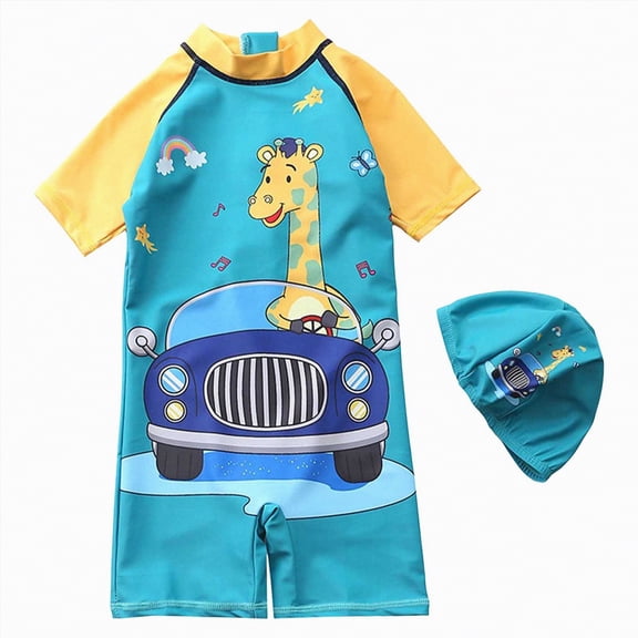 TOWED22 Toddler Boys Rash Guard Swimsuit Sea World Animal Print Zipper Short Sleeve Bathing Suit with Swim Cap for Kids Mint Green,1-2 Y