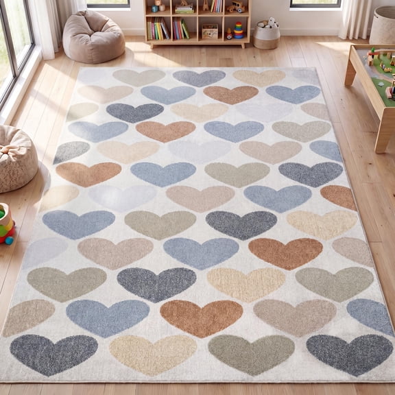 JONATHAN Y KIDS WASHABLE Dila Hearts Geometric Area Rug, 4 x 6, Ivory/Blue/Orange