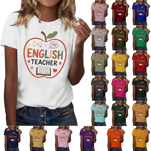 IMENGL Short Sleeve T-Shirts for Women Casual English Teacher Graphic Round Neck Teacher Tee Loose Basic Women's Short Sleeve Top,M-XXXL