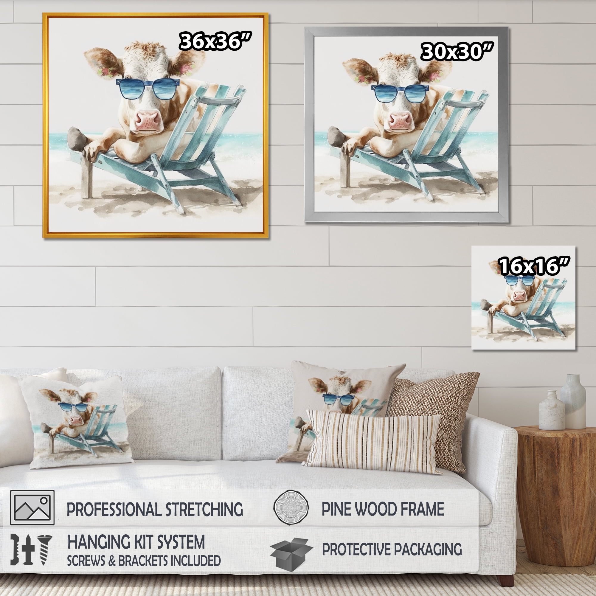 Designart Cow Lounging With Sunglasses II Canvas Wall Art