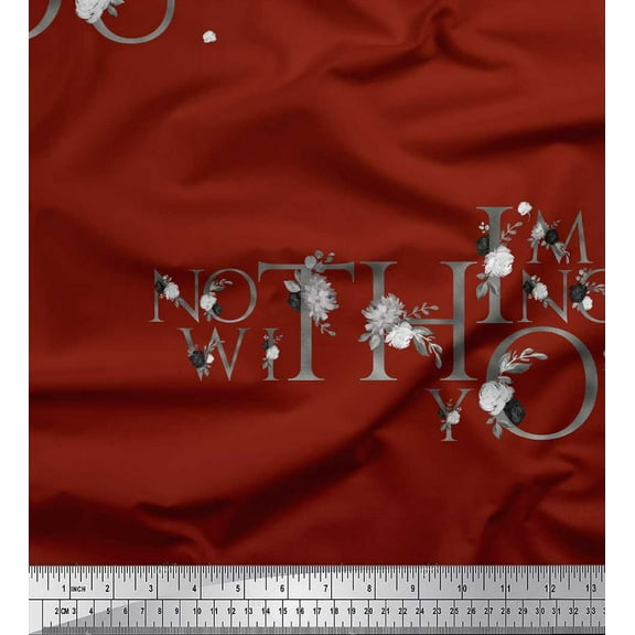 Soimoi Red Cotton Voile Fabric Floral Love Quotes Text Print Fabric by Yard 42 Inch Wide