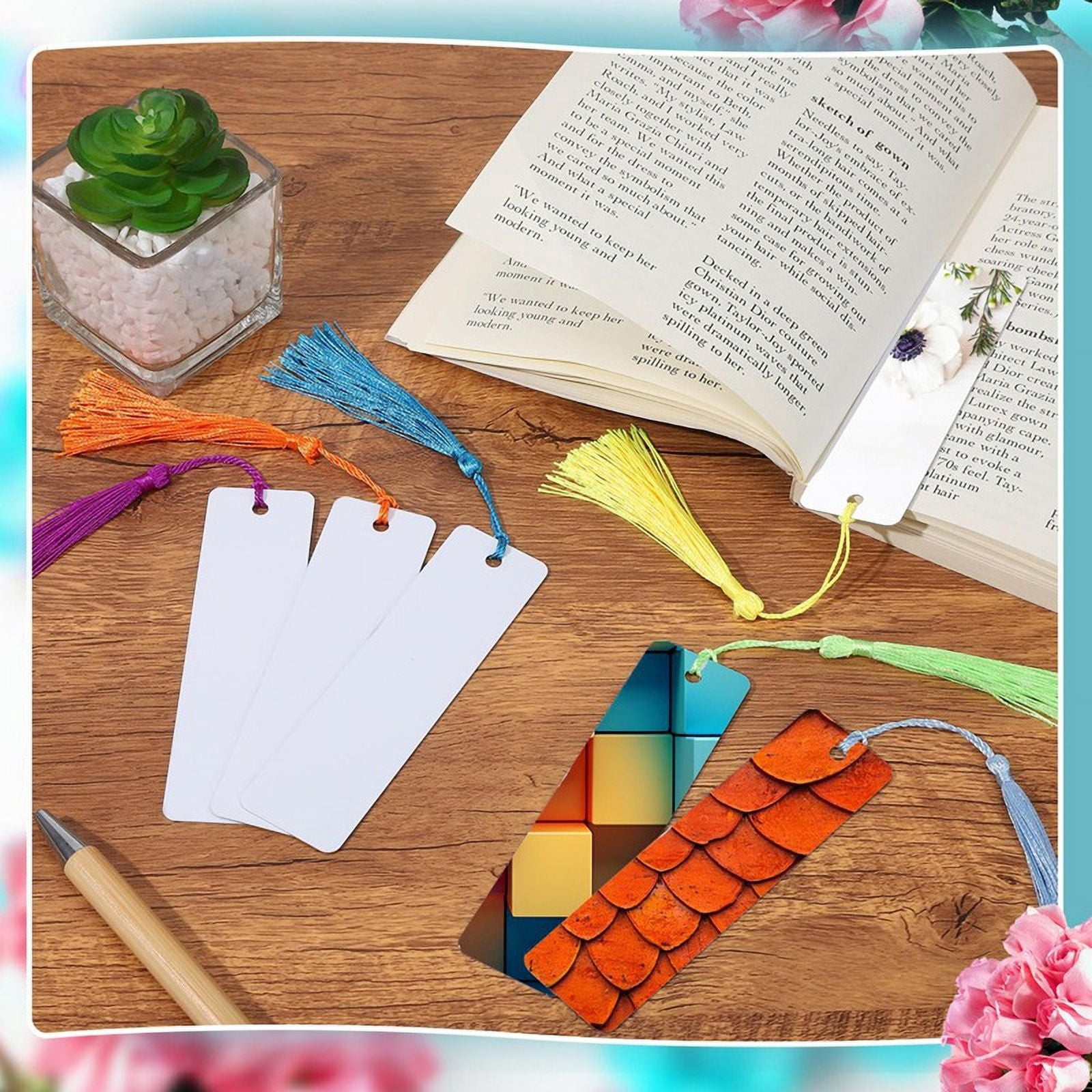 50 Sets Sublimation Blank Bookmarks, DIY Blank Aluminum Metal Bookmarks with Clear Bookmark Sleeves Tassels