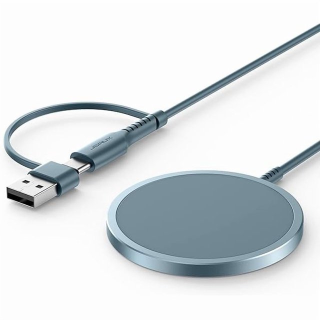 hayan magnetic wireless charger compatible with magsafe charger/iphone 16e/16/16 plus/16 pro/16 pro max/15 14 13 12 series, wireless mag safe charging pad, mag charger (blue) cargador inalámbrico magnético azul, vista cenital de disco circular delgado con superficie central mate y borde metálico, cable USB-A visible con conector integrado, diseñado para alineación MagSafe con iPhone compatibles; también suele usarse como base de carga portátil para viaje.