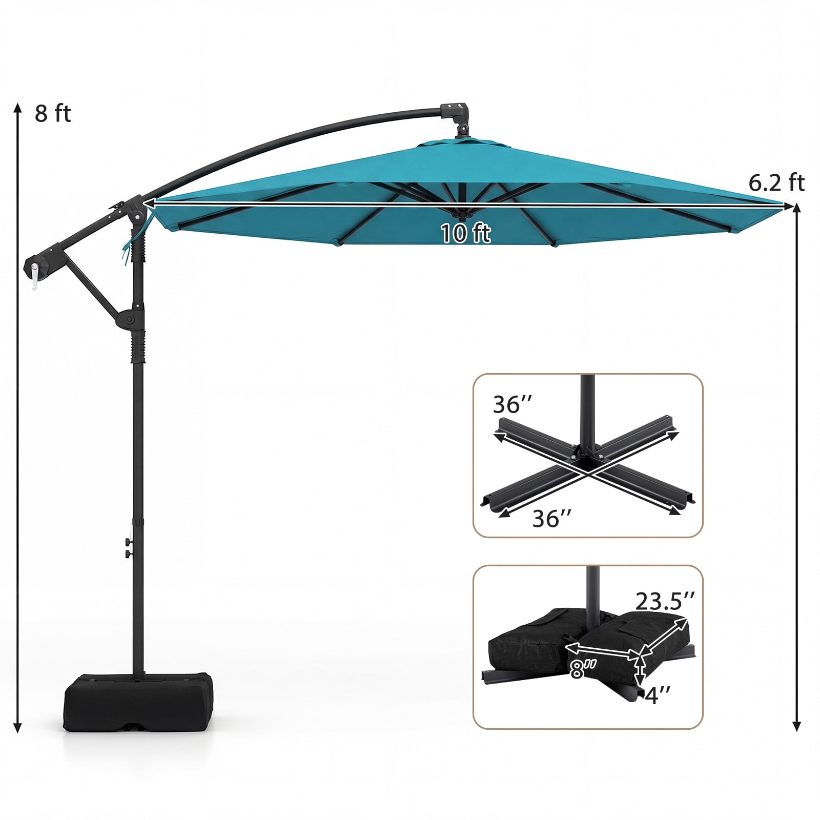 Costway 10 FT Offset Hanging Umbrella with Base Patio Cantilever Umbrella 360° Rotation Turquoise