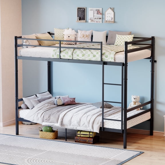 QSOCSSP Twin Size Metal Bunk Bed Frame with Storage Ladder High Guardrail Convertible Noise Free Black Bedroom