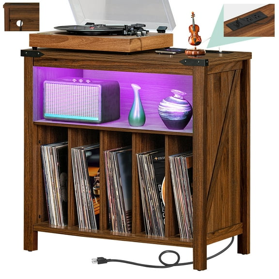 Record Player Stand with LED Lights & Power Outlets, Holds 230 Vinyl Albums, 3-Tier Turntable Table with Shelf for Music Room Bedroom Living Room