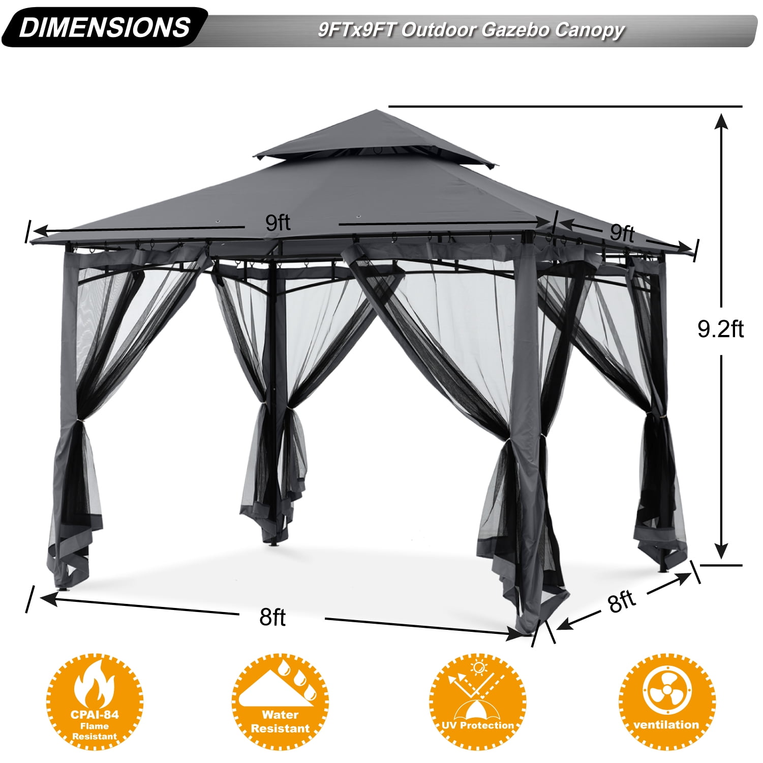 ABCCANOPY 9'x9' Patio Gazebo With Mosquito Netting and Double Soft Roof Canopies for Shade and Rain,Dark Gray