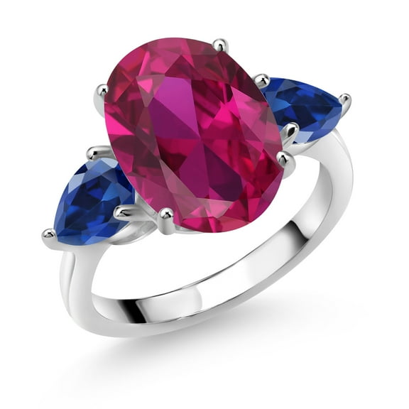 Gem Stone King 925 Sterling Silver Red Created Ruby and Blue Created Sapphire Ring for Women (5.00 Cttw, 14X10MM Oval and 7X5MM Pear Shape, Gemstone July Birthstone, Size 6)