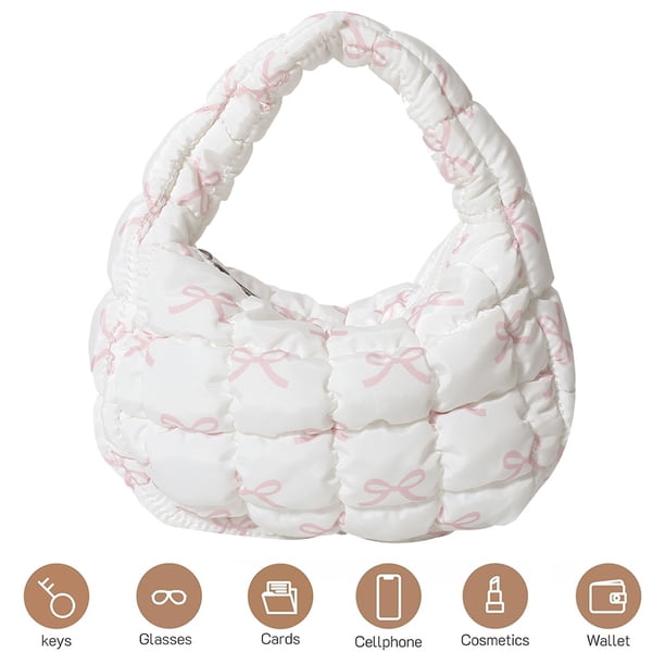 Pequeño Bolso Mujer Ropa Algodón Acolchado Con Lazo 6060 Blanco Con Lazo Rosa