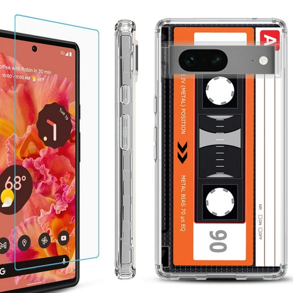 OneToughShield ® for Google Pixel 7a Shockproof Bumper Phone Case, with Tempered Glass Screen Protector - Cassette Orange