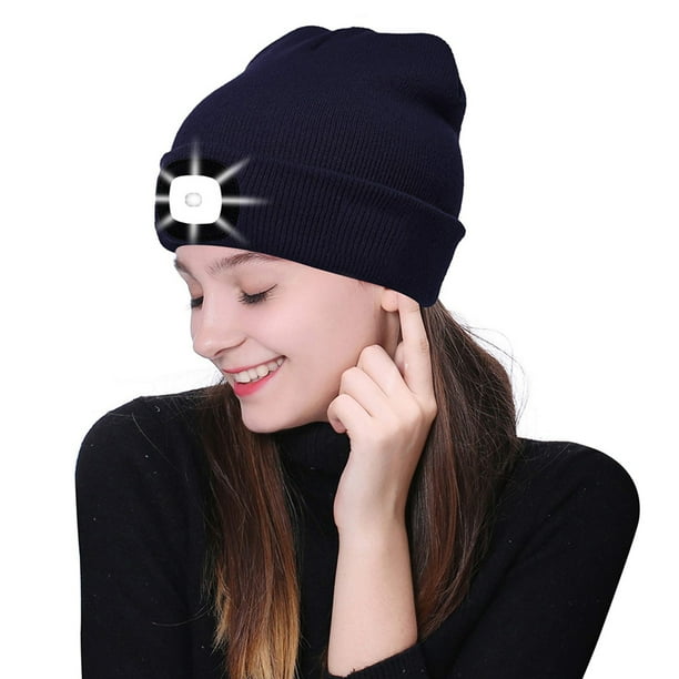 Sombrero Tejido Sombrero Tejido Gorro con luz LED, gorro de punto con 4 luces LED y manos libres (azul marino)