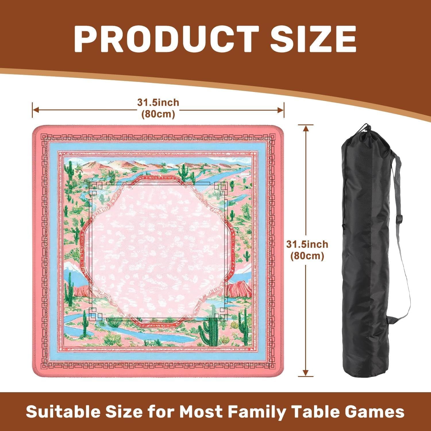 Mahjong Mat 31.5" x 31.5" Desert Landscape Pink Decorative Frame Non-Slip Noise Reduction Mahjong Tiles Table Cover for Dominoes Poker Card Board and Tile Games