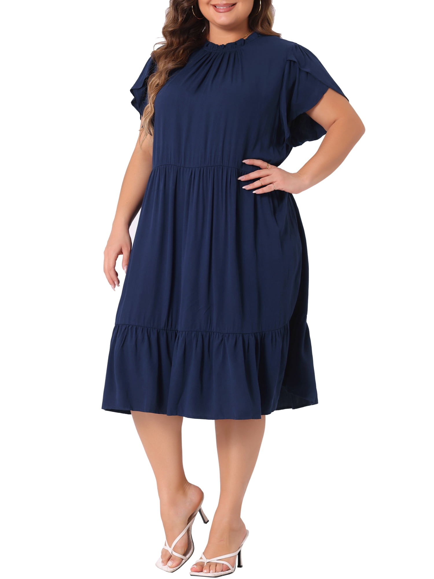DARING DIVA Women's Plus Size Tie Back Boat Neck Midi Length Dress 1X Navy Blue