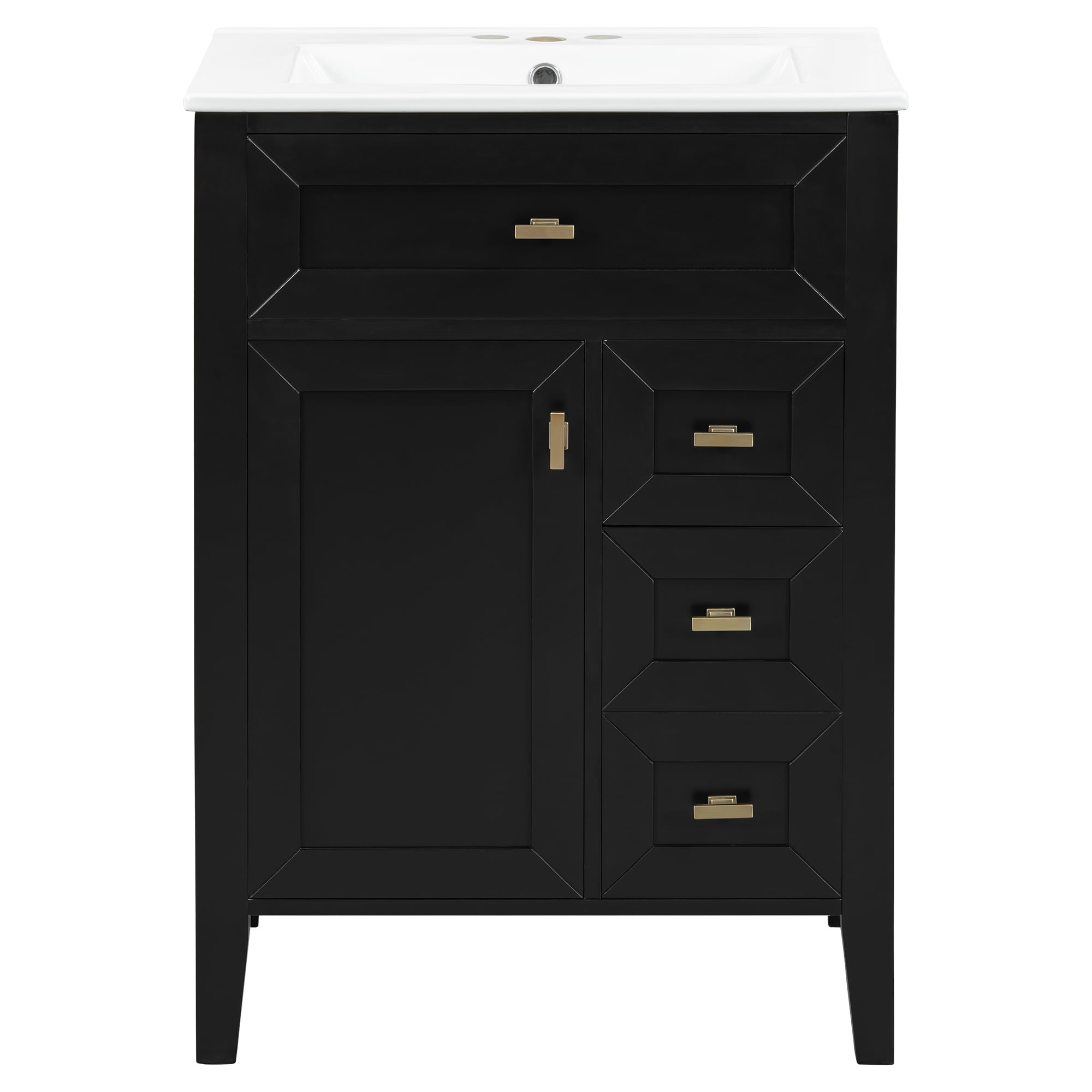 24" Bathroom Vanity with Sink, MDF & Rubberwood Construction, 3 Drawers & Cabinet with 2-Tier Door Storage Rack, Soft-Close Door & Drawers, Modern Design for Small to Medium Bathrooms