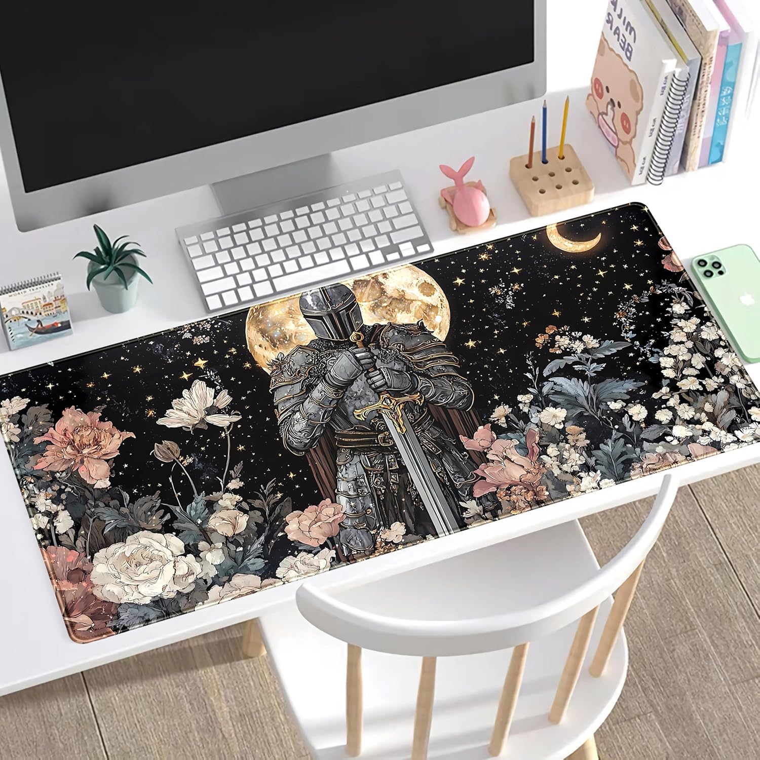 Cute Vintage Floral Mouse Pad Warrior Gaming Desk Mat Retro Flowers Mousepad XXL Large Extended Boho Aesthetic Desk Pad, Laptop Computer Keyboard Mouse Mat, Desktop Pad Mat for Women 31.5x15.7 in