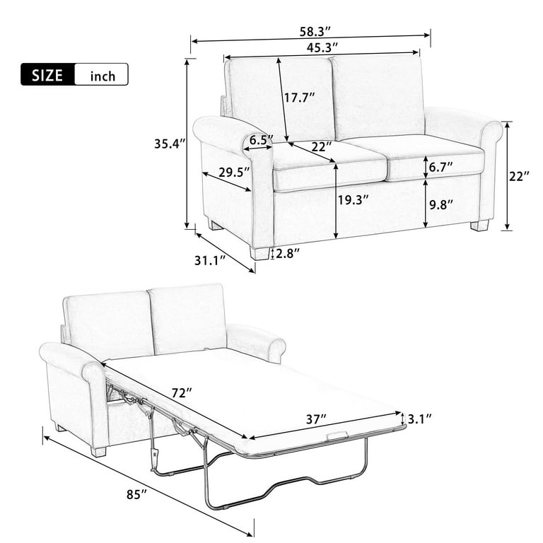 Euroco 58.3 Pull Out Sofa Bed Sleeper Sofa Bed with Twin Size Mattress Pad 2 in 1 Pull Out Couch Bed Loveseat Sleeper for Living Room Small Apartment White Walmart