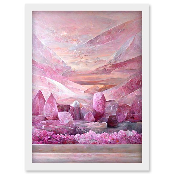 New Age Mystical Pink Quartz Crystal Landscape Mountains Artwork Framed Wall Art Print A4