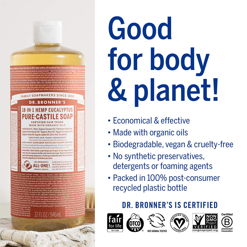 Dr Bronners Pure Castile Liquid Soap â€“ Eucalyptus Bundle 32 Oz Bottle And 2 Oz Travel 0457