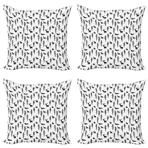 Ambesonne Forest Throw Pillow Cover 4 Pack, Pine Trees Rabbit Animal, 20", Black White