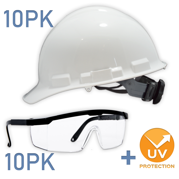Hard Hat And Safety Glasses Kit 10 Adult Mens And Womens White Carbon