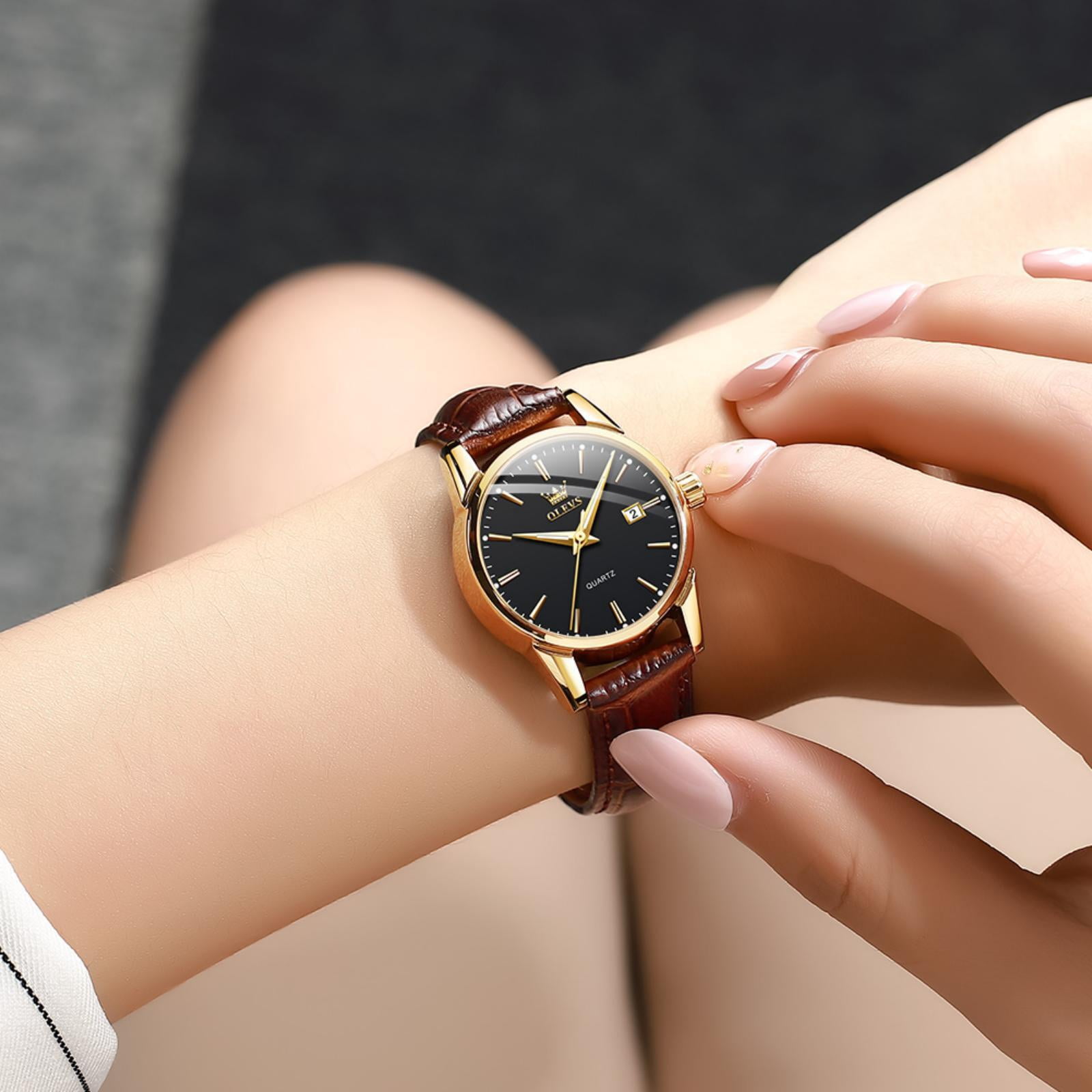 OLEVS Watches for Women Luxury Dress Analog Quartz Easy Read Digital Date Classic Luminous Brown Leather Strap Waterproof Female Wrist Watches Relojes para Mujer