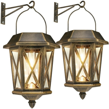 Solar Lantern Outdoor Waterproof, Metal Solar Lights Outdoor with Clear Glass, LED Solar Powered Lights Wall Mount for Yard Garden Wall Outdoor, Bronze - 2 Pack