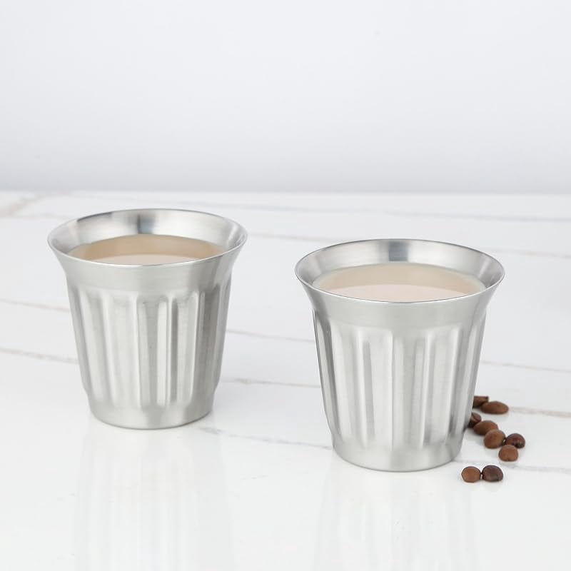 Easyworkz Stainless Steel Double-Wall Espresso Cups 5 oz Set of 2, Vertical Stripe Design, Gunmetal
