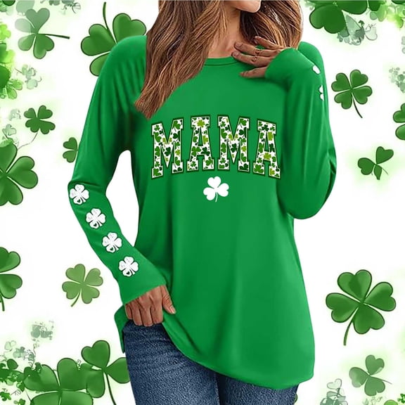 Craaazy St Patricks Day Shirts Women's Long Sleeve Round Neck Shamrock Tops Gifts
