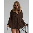 thumbnail image 5 of Women 2 Piece Outfits V Neck Ruffle Tie Front Blouse Tops Lounge Sets Brown M, 5 of 7