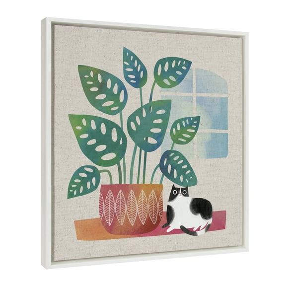 Kate and Laurel Sylvie Big Plant Framed Canvas Wall Art by Planet Cat, 22x22 White, Cute Whimsical Cat and House Plant Art for Wall Home Decor