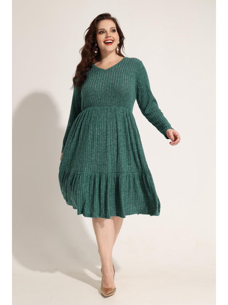 party plus size sweater dress Cassie LIZ Plus Size Dresses 3X Casual Green Glitter Fall Sweater Dresses for Women Fashion Midi Elastic Waist Long Sleeve Party Sequin Elegant V Neck