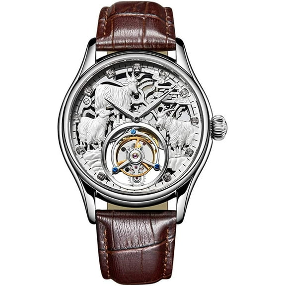 AESOP Tourbillon Mechanical Hand-Wind Wristwatch Men Sapphire Luminous Three Sheeps Skeleton Diamond Dial Clock Leather May You Life be Auspicious Watch
