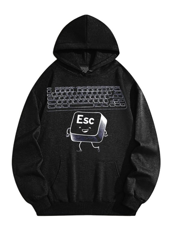 Men's Pocket Graphic Hooded Pullover, Esc Key Character Running Under Keyboard, Sizes S-2XL