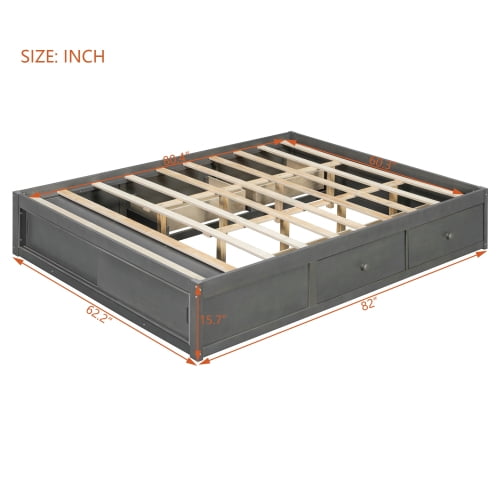 Queen Size Platform Bed Frame with 4 Storage Drawers and Footboard Storage Cubby, No Headboard Design Solid Wood Platform for Bedroom, Gray