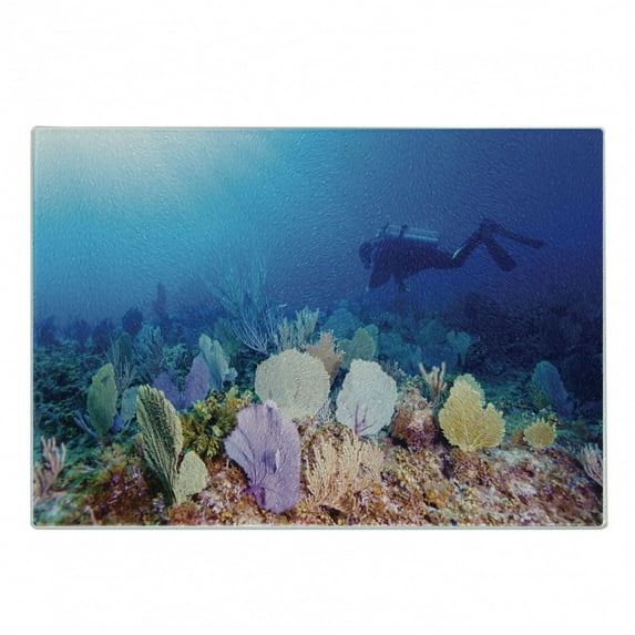 Diver Cutting Board, Young Man Floating Swiftly in Sea Plantation Colorful Coral Reefs Underwater Life, Decorative Tempered Glass Cutting and Serving Board, in 3 Sizes, by Ambesonne