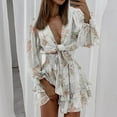 thumbnail image 5 of Women's Puff Sleeve Floral Printed Chiffion Dress for Women Deep V-Neck Ruffle Hem Short Dresses Elastric Waist Front Tie Mini A-Line Dress, 5 of 8