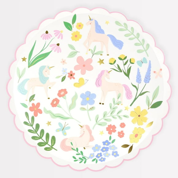 Platos de fiesta Meri Meri Meadow Unicorn rosa festoneados, paquete de 8