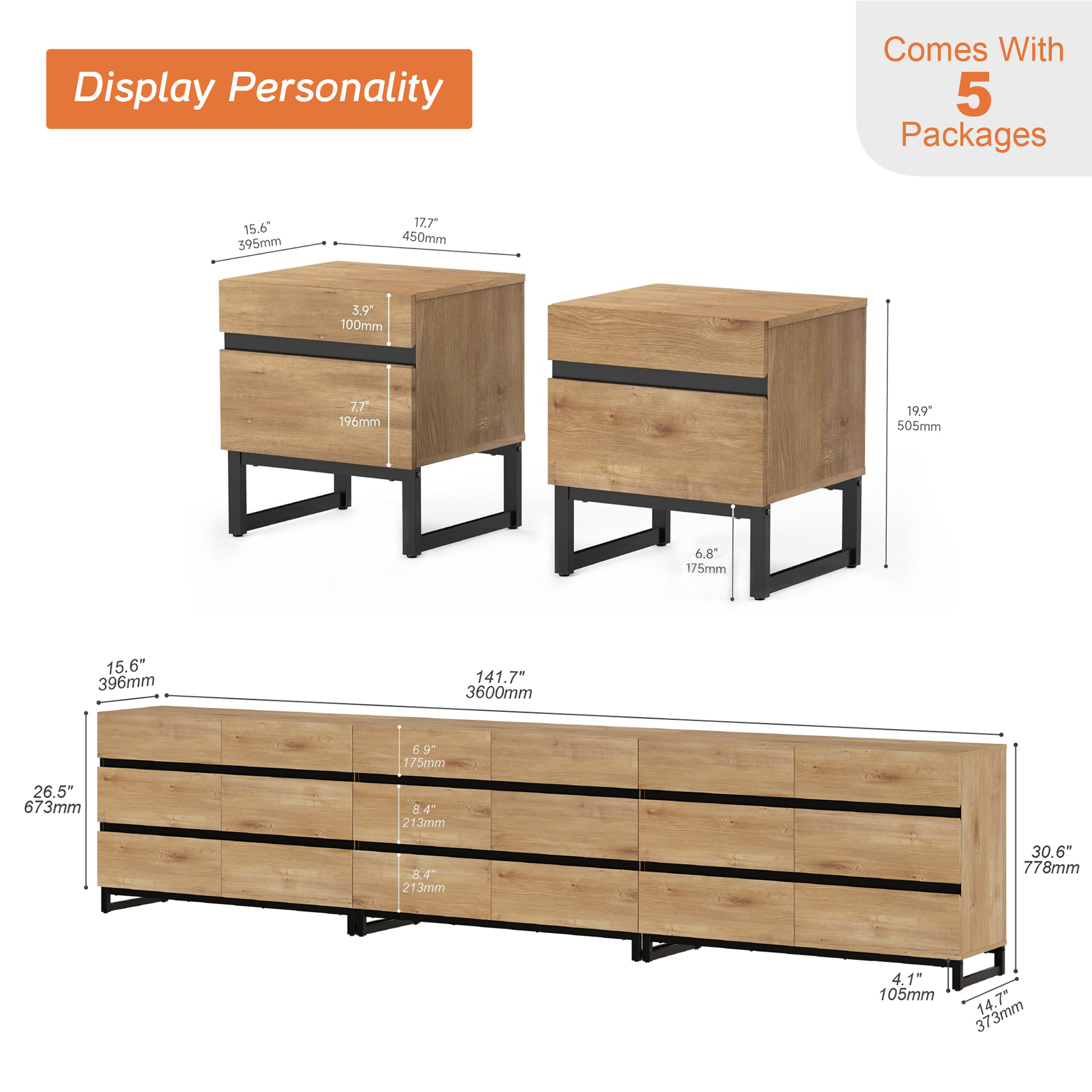 WAMPAT 5-Piece Bedroom Set, Modern 142" 18-Drawer Dresser & 2 Nightstands (2 Drawers Each)