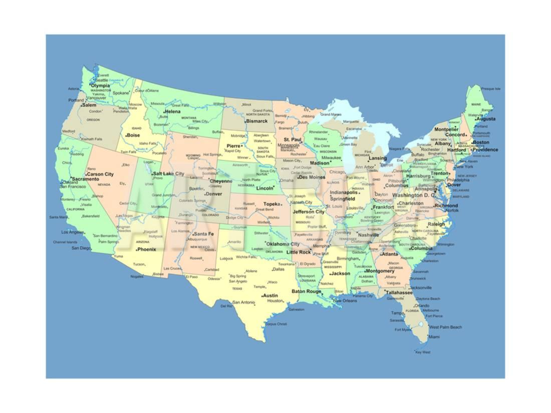 usa map with names of states and cities print wall art by indiansummer