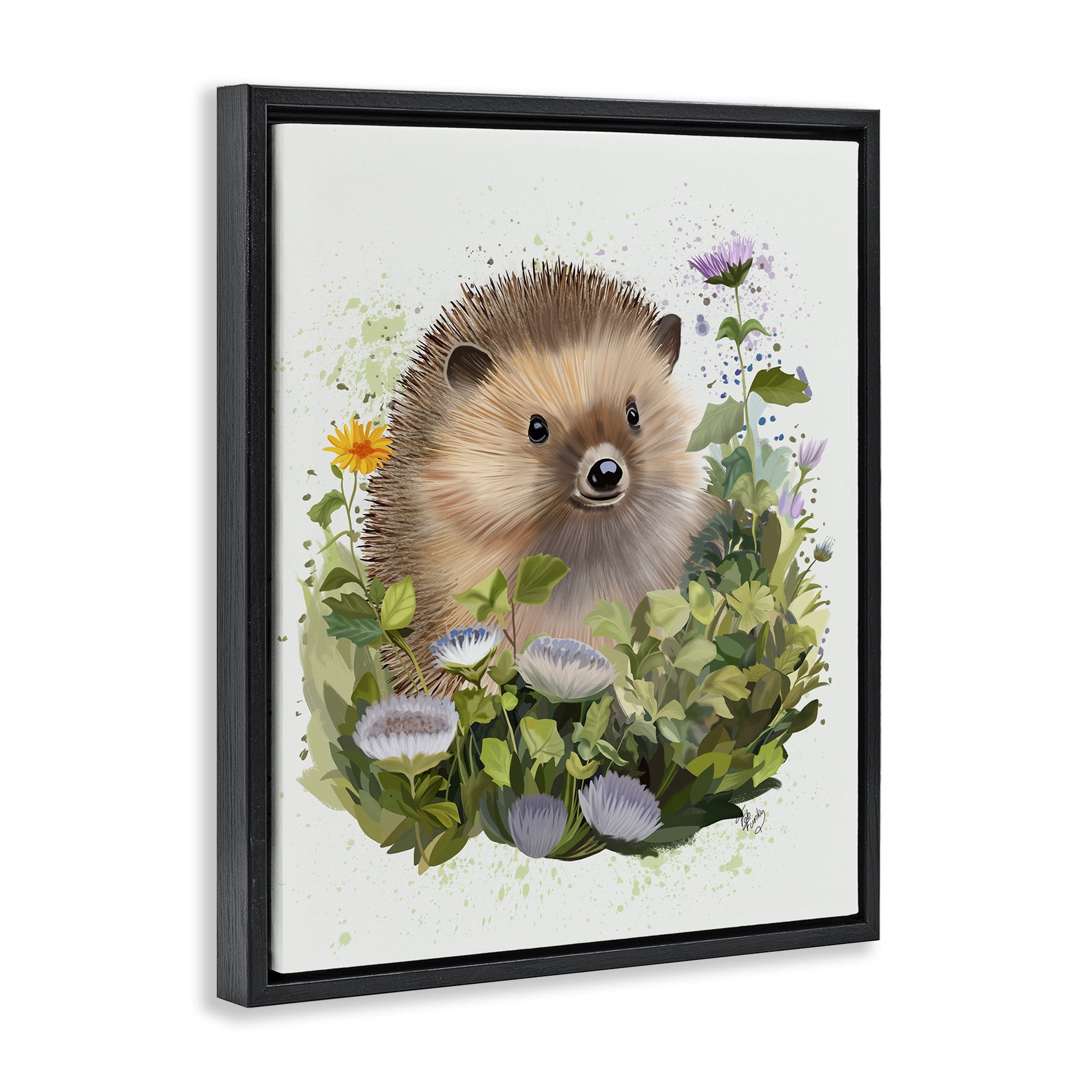 Stupell Industries Hedgehog in Floral Meadow Animals & Insects Painting Black Floater Framed Canvas Art Print Wall Art, 17 x 21