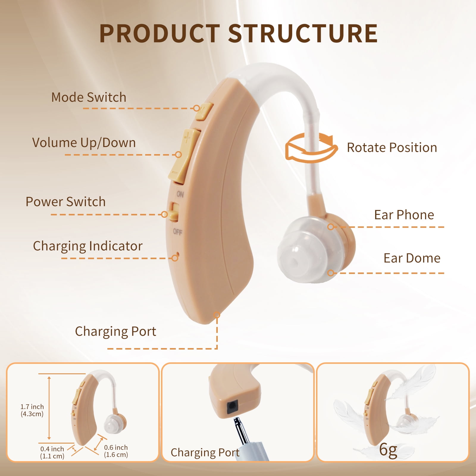 Delmicure Hearing Aid for Seniors, Rechargeable Hearing Aid for Adults, Single, Beige, VHP-1220