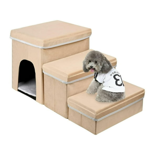 Folding Pet Stairs,3-Tier Non-Slip Dog Stairs with Storage Box and Cushion for High Bed Couch