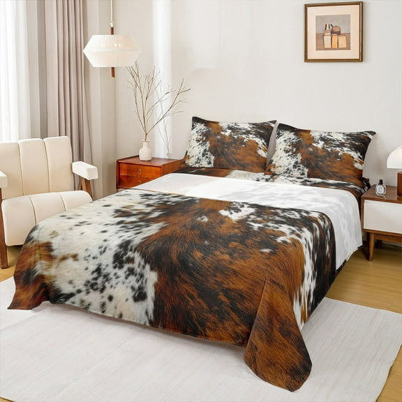 Manfei Cow Print 3pcs Twin Sheet Sets,Highland Cattle Twin Fitted Sheet,Animal Print Breathable Flat Sheet,Lightweight Abstract Room Decor