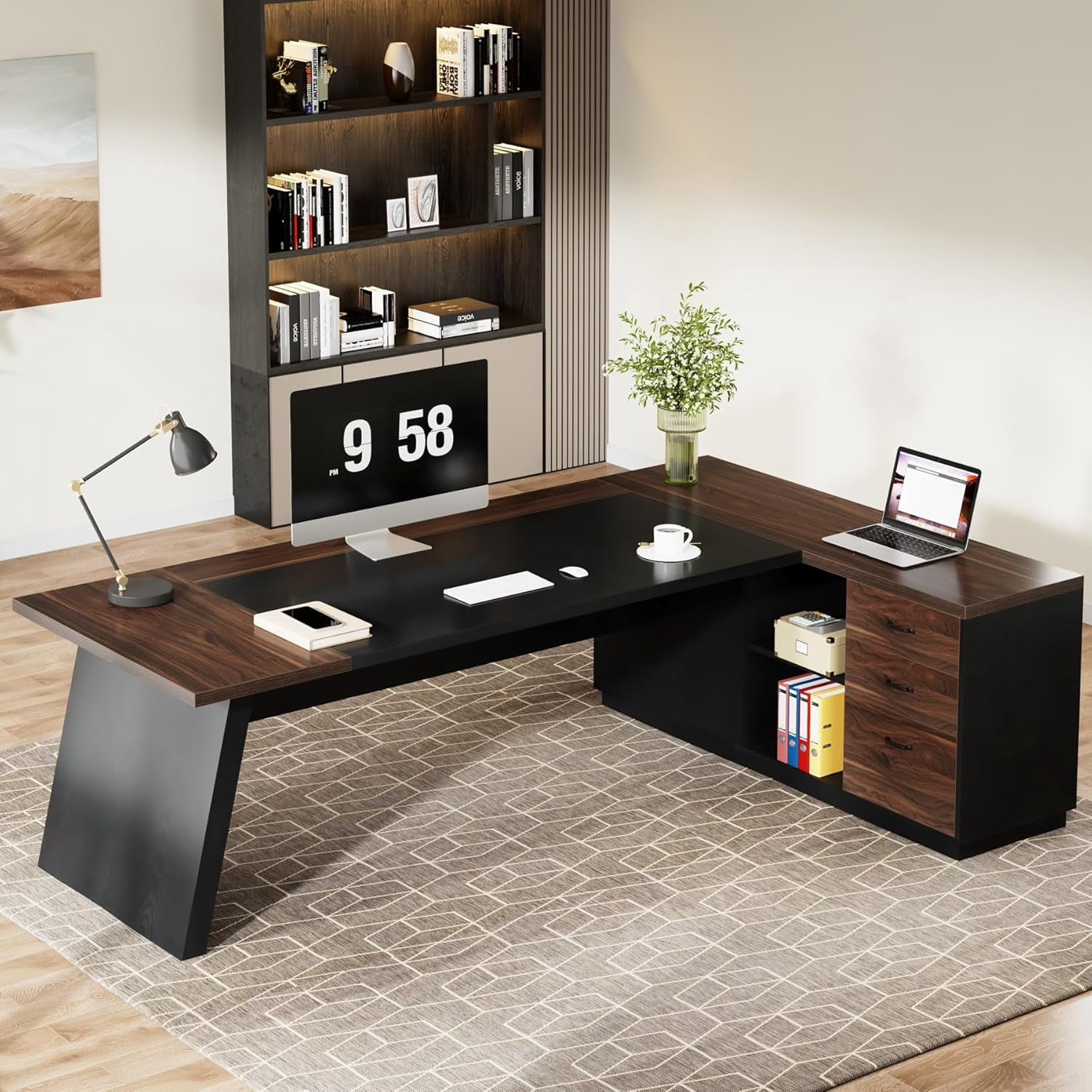 Tribesigns 78-Inch L-Shaped Executive Desk, Large Office Desk with Drawers and Lateral File Cabinet, Modern Computer Desk for Home Office, Walnut & Black