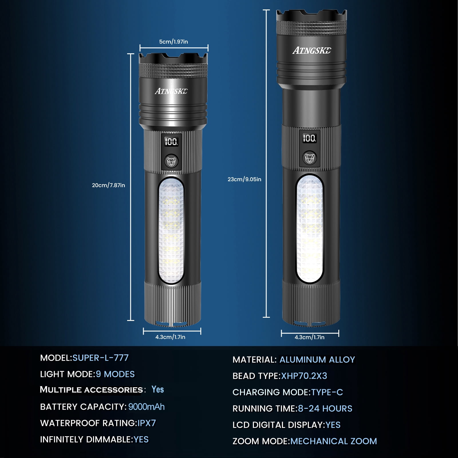 Rechargeable LED Flashlight, 250,000 High Lumens, USB-C Fast Charging, 9 Light Modes, Zoomable Waterproof Flashlight for Camping, Hiking, Emergency Use(Black)